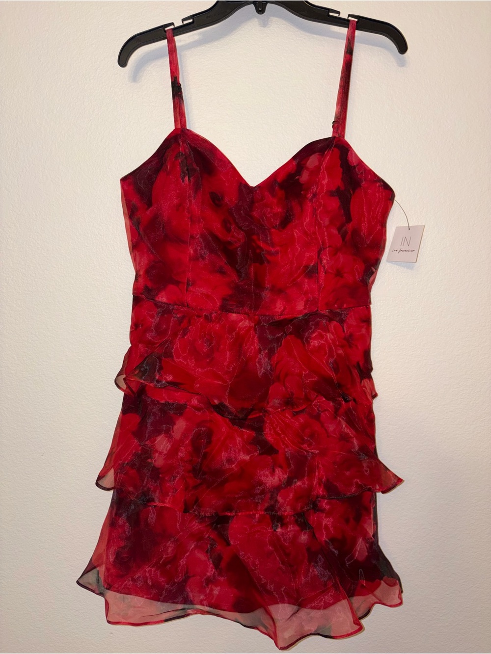 IN San Francisco Red Floral Tiered Mini Dress Junior XL NWT